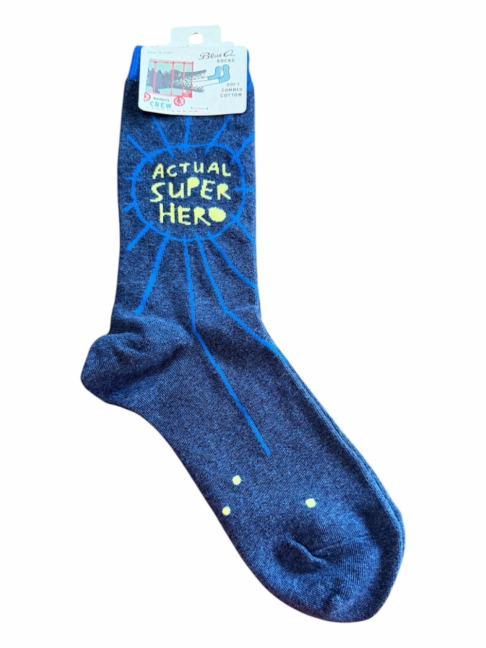 Blue Q Navy Crew Socks with Yellow 'Actual Super Hero' Text